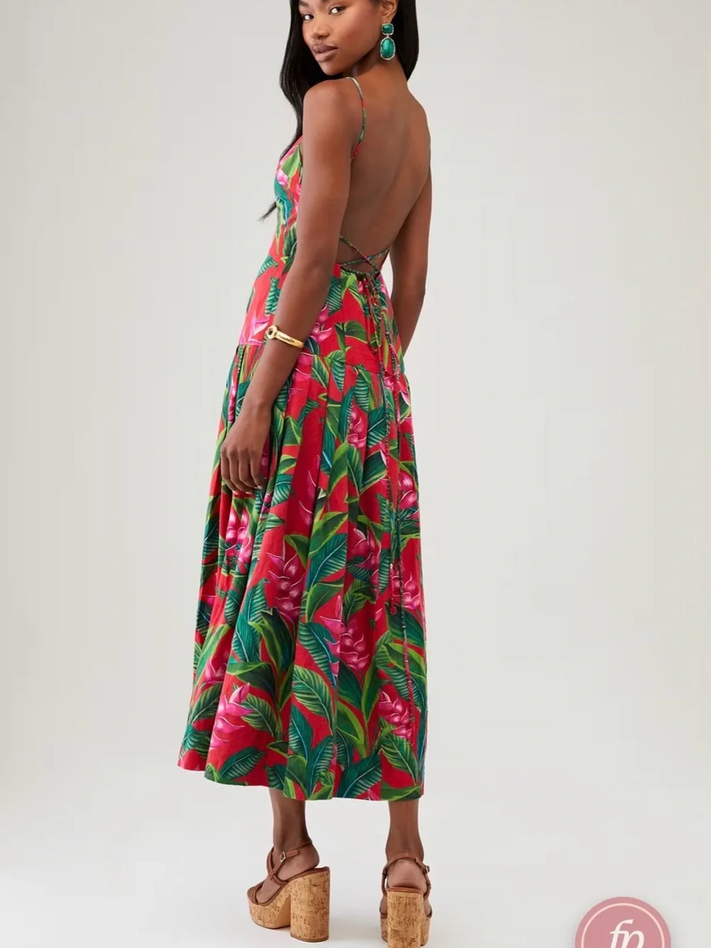 FARM Rio Red Tropical Maxi Dress with Green Leaf Print - Picture 3 of 4
